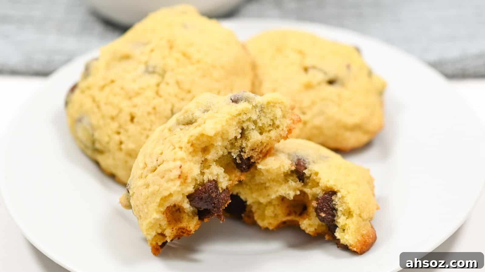 A plate with freshly baked chocolate chip cookies, one cookie is broken in half to show the soft inside.