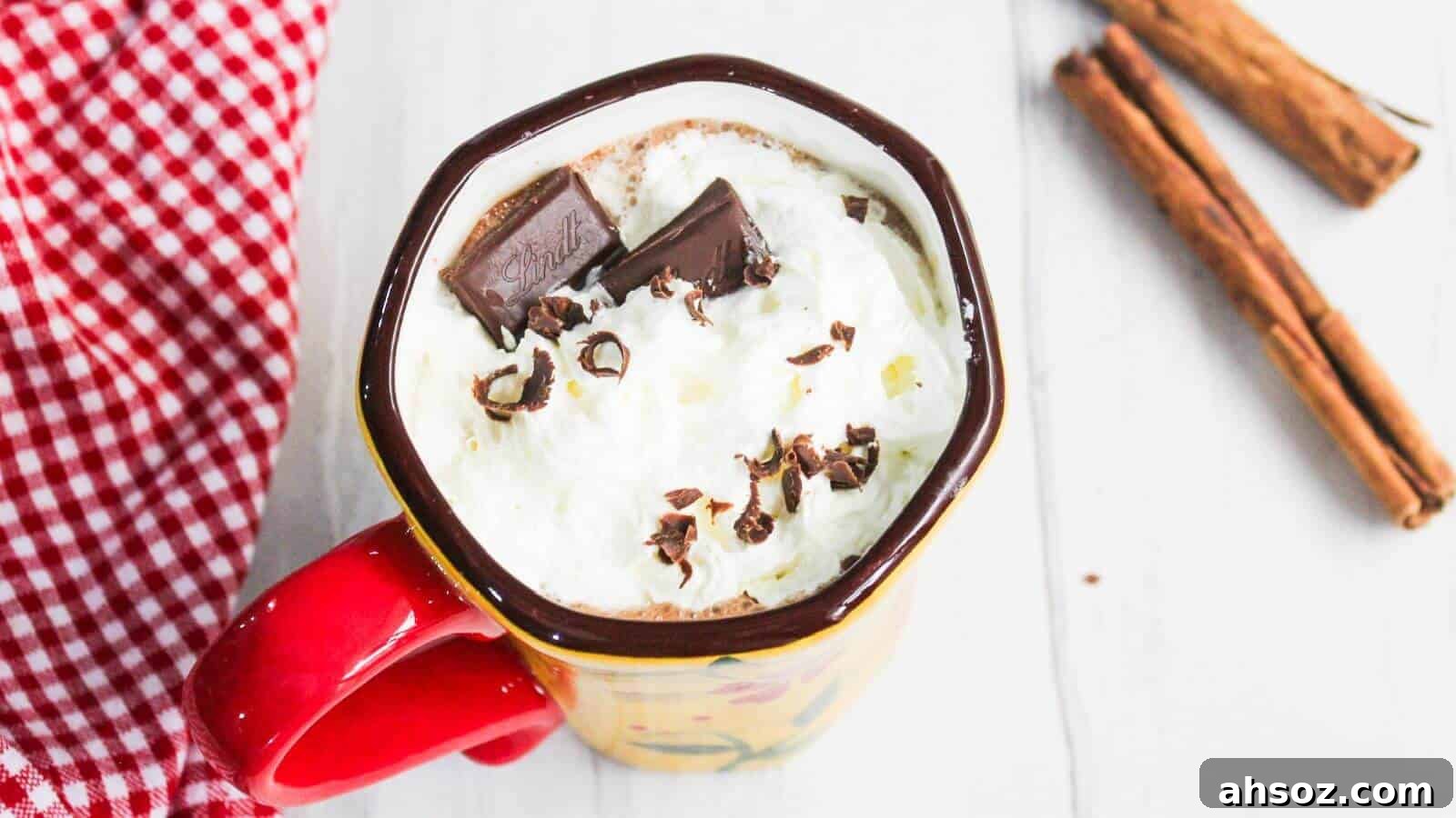 A mug of hot chocolate topped with whipped cream and chocolate shavings, next to a red checkered cloth and cinnamon sticks.
