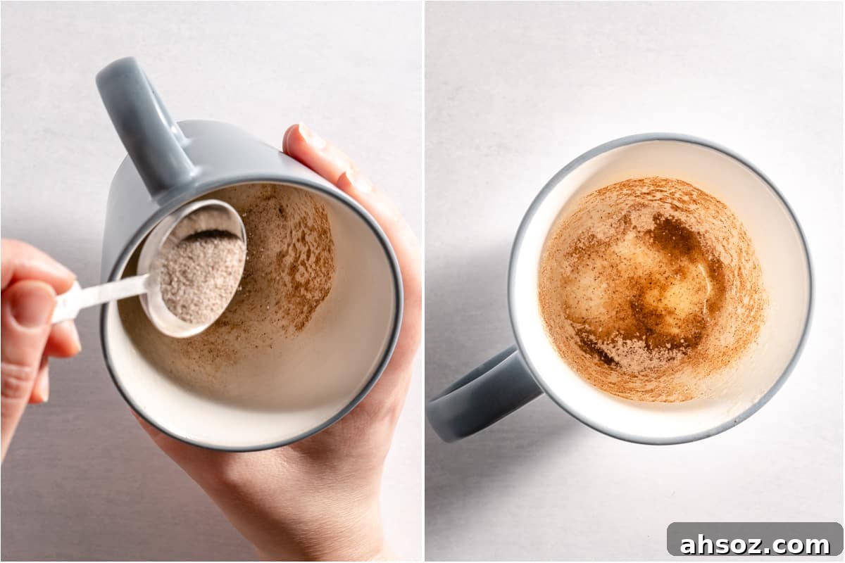 collage of cinnamon sugar being dusted inside mug