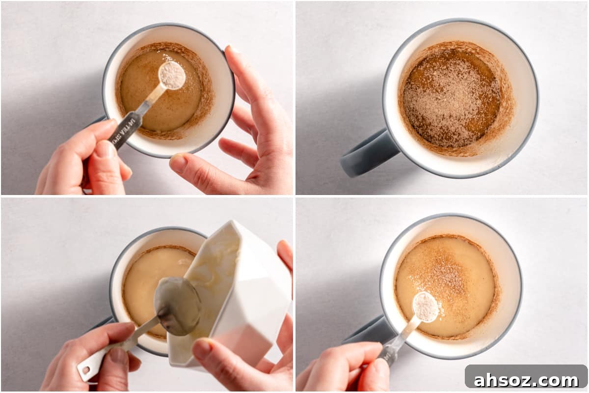 collage of cinnamon sugar and batter being added to mug