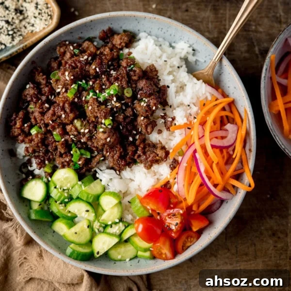 Vietnamese-style caramelized minced beef rice bowls.