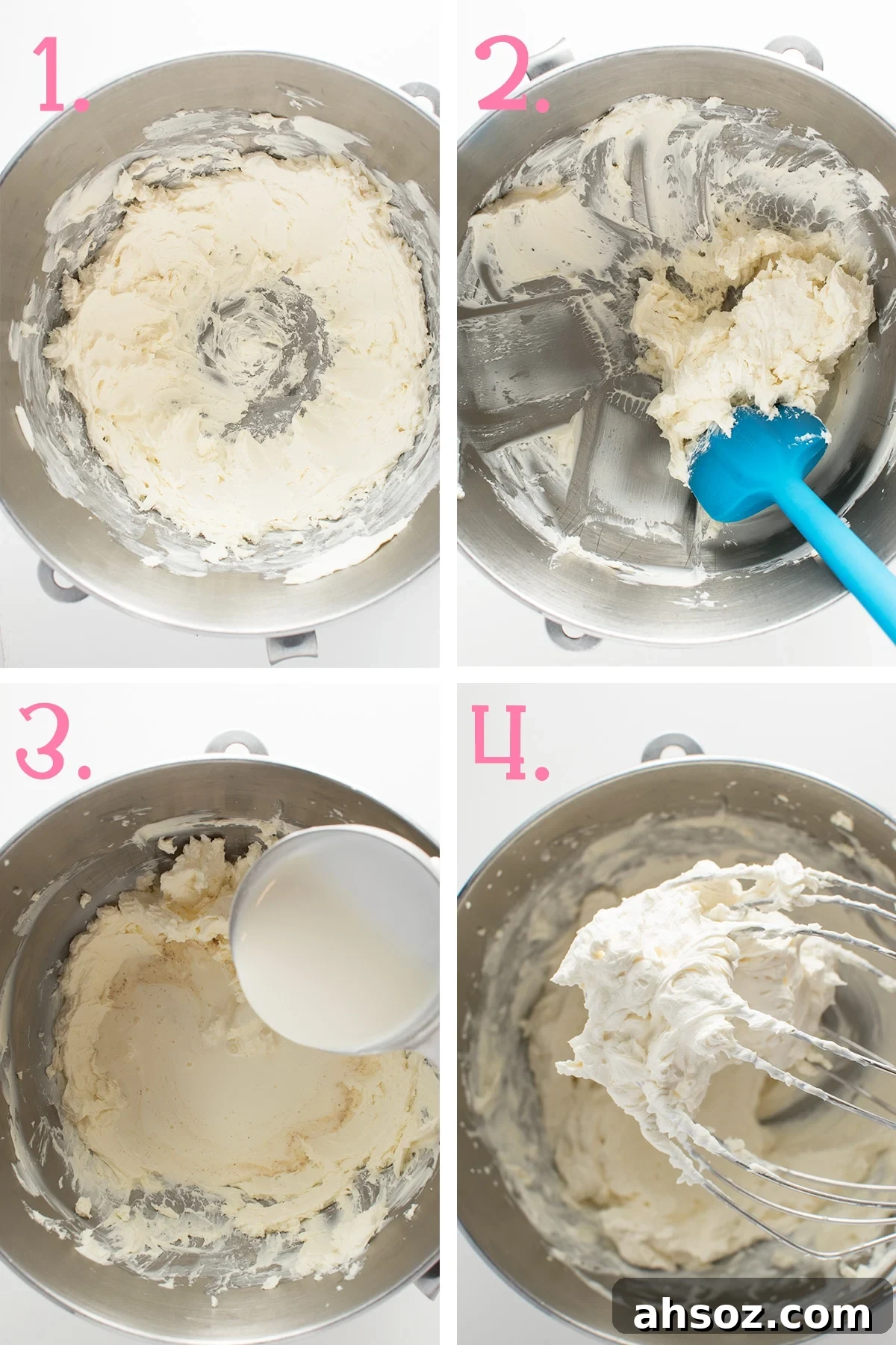 Four pictures showing the frosting being mixed in a bowl.