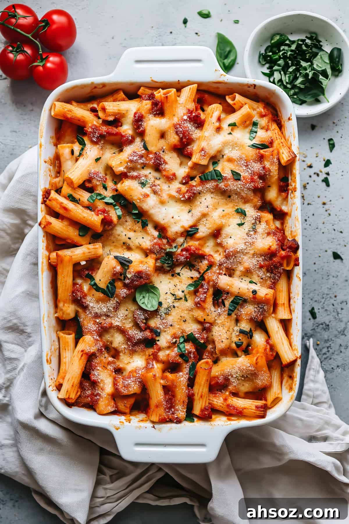 Easy baked ziti with sausage and basil in a baking dish.