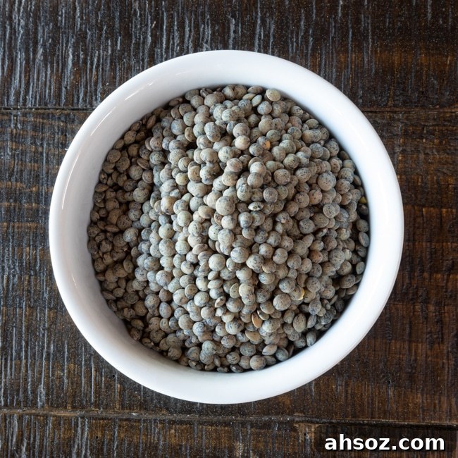 A ramekin filled with French green lentils.
