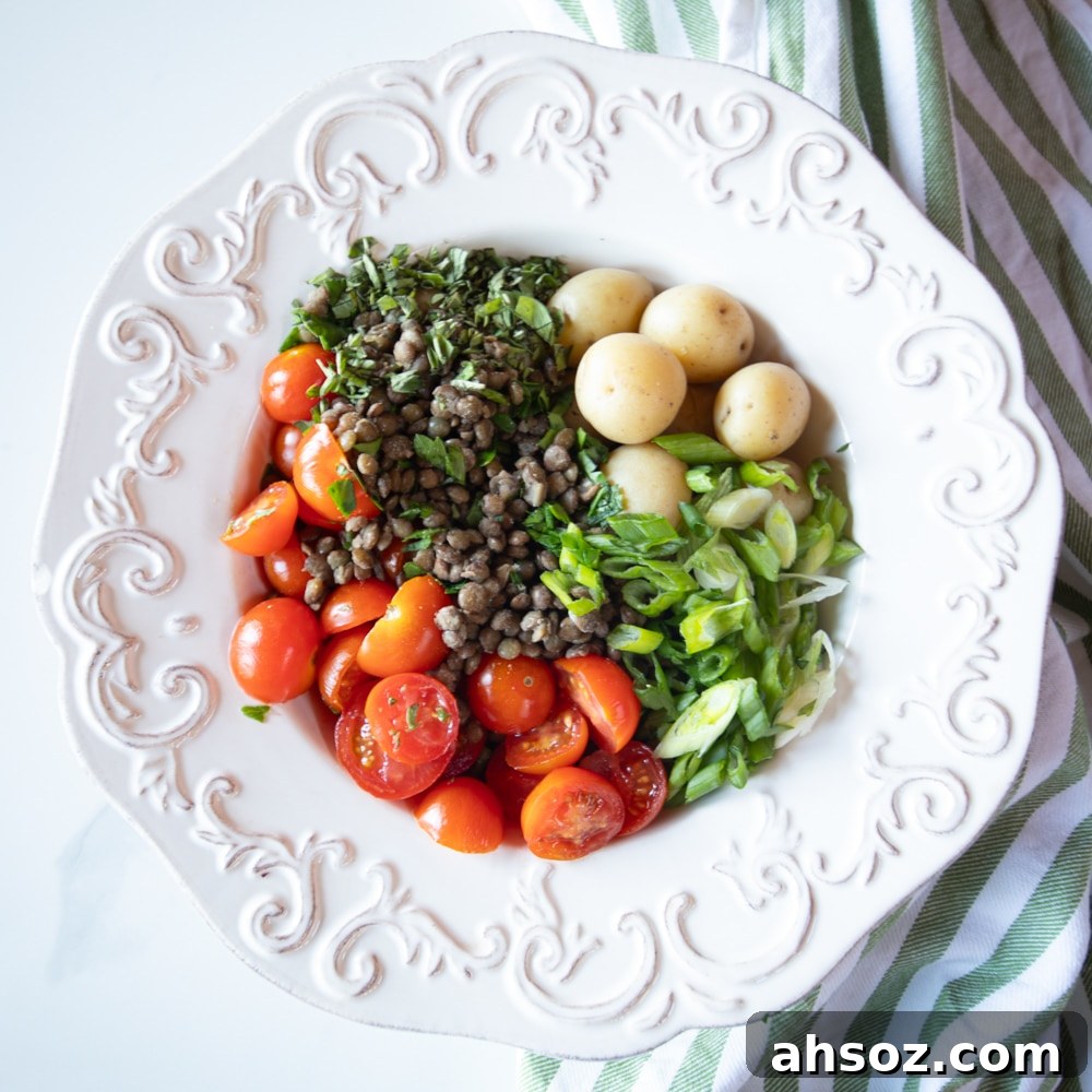 Ingredients for making a lentil and potato salad.