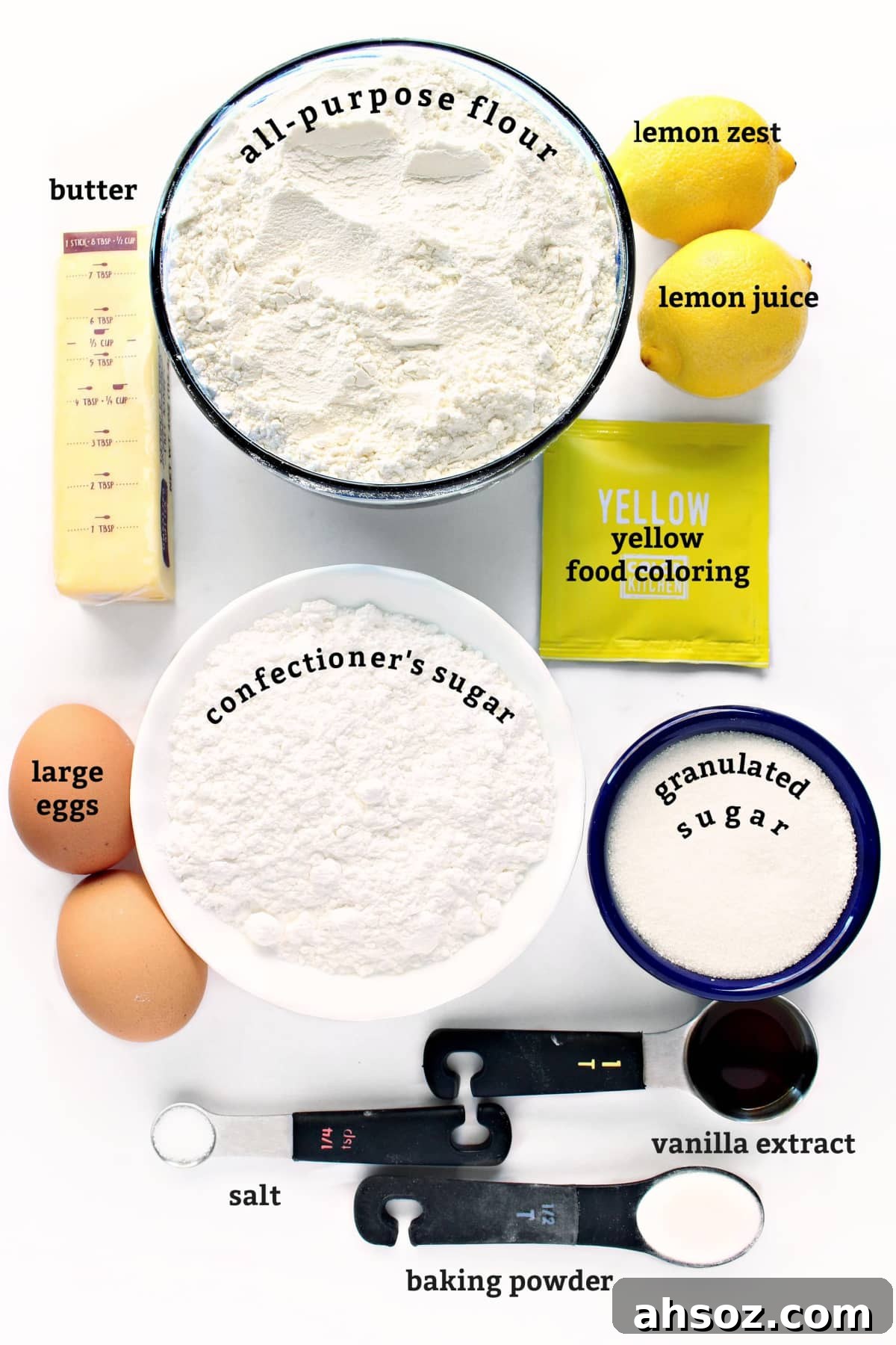 Ingredients: butter, flour, lemons, large eggs, yellow coloring, confectioners' sugar, granulated sugar, salt, vanilla, baking powder.
