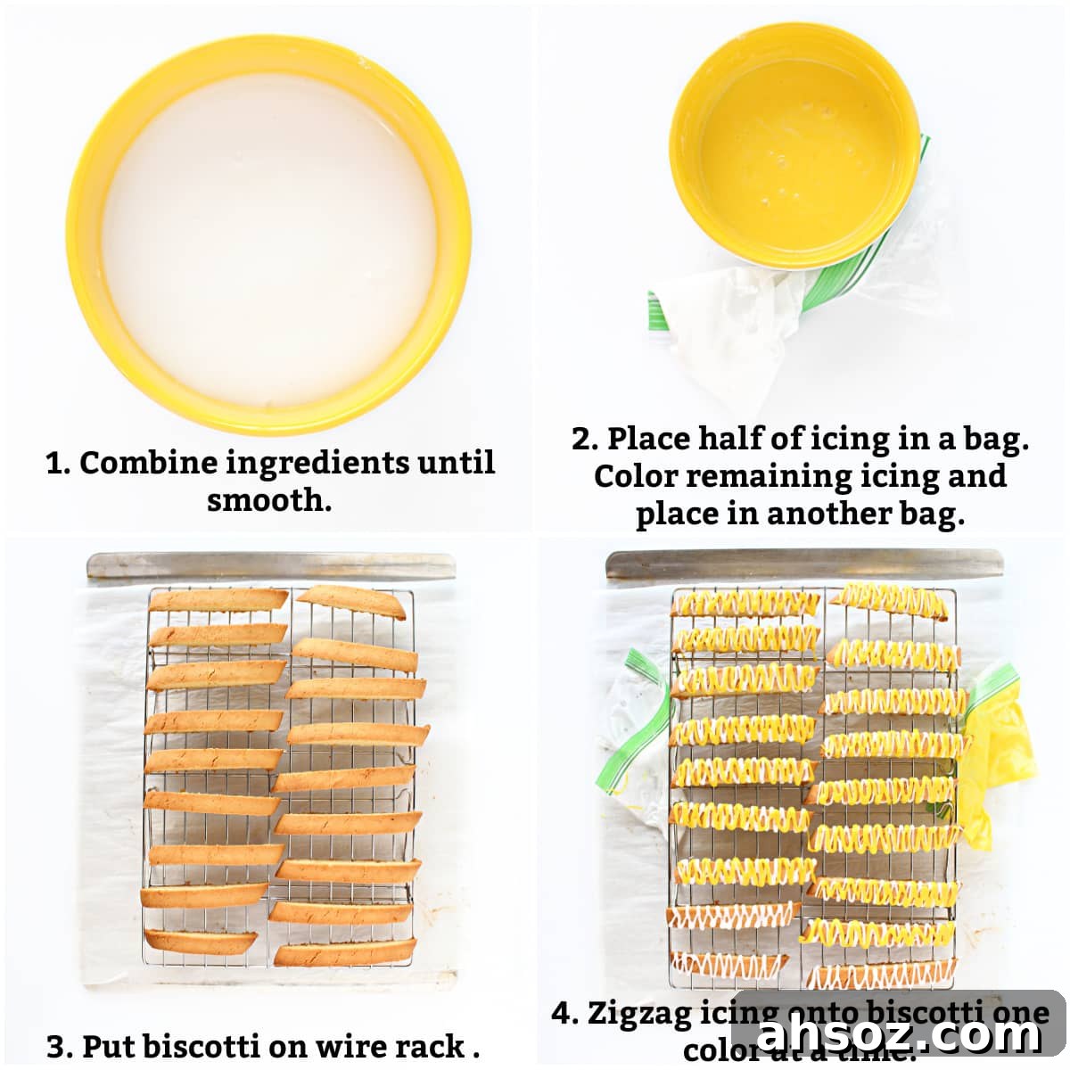 Icing instructions: combine ingredients, place half in bag, color remaining icing, zigzag icing on biscotti.