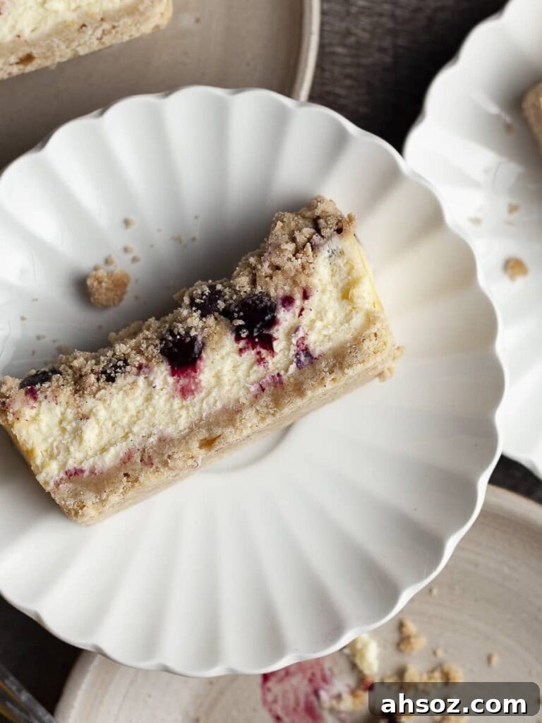 a slice of blueberry lemon cheesecake