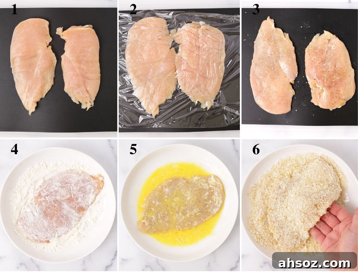 Breading chicken cutlets with flour, egg, and panko.