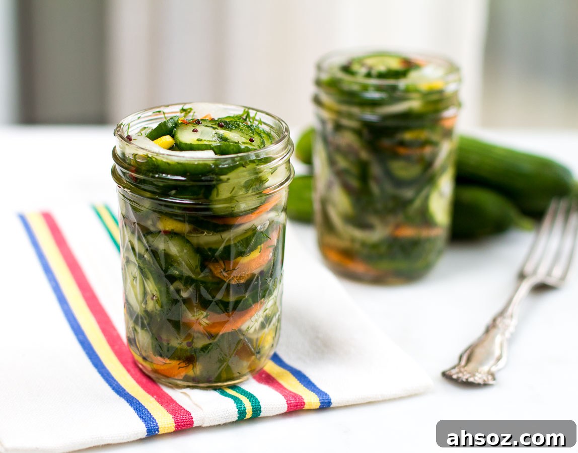 Refrigerator pickles stored in glass jars