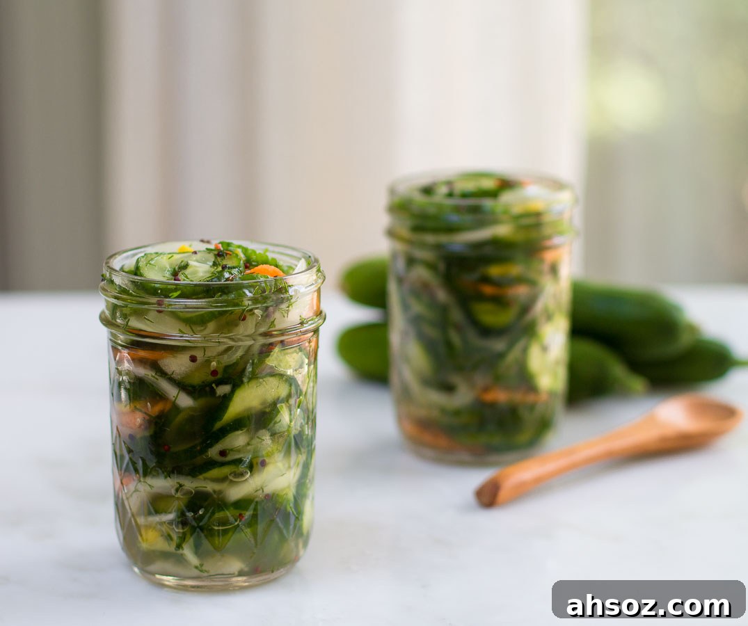 Crunchy homemade refrigerator pickles in a jar