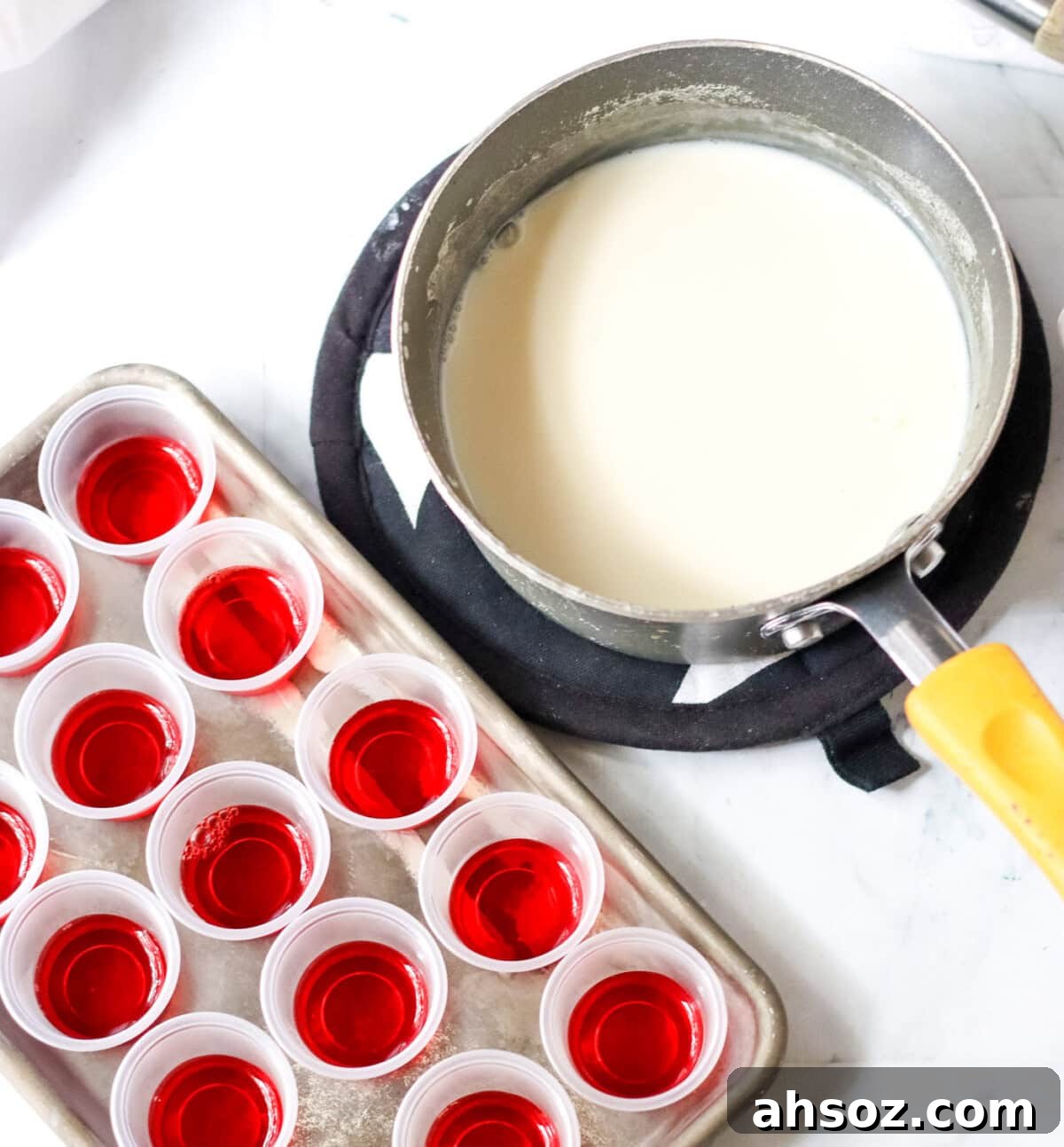 gelatin with sweetened condensed milk next to jello shots