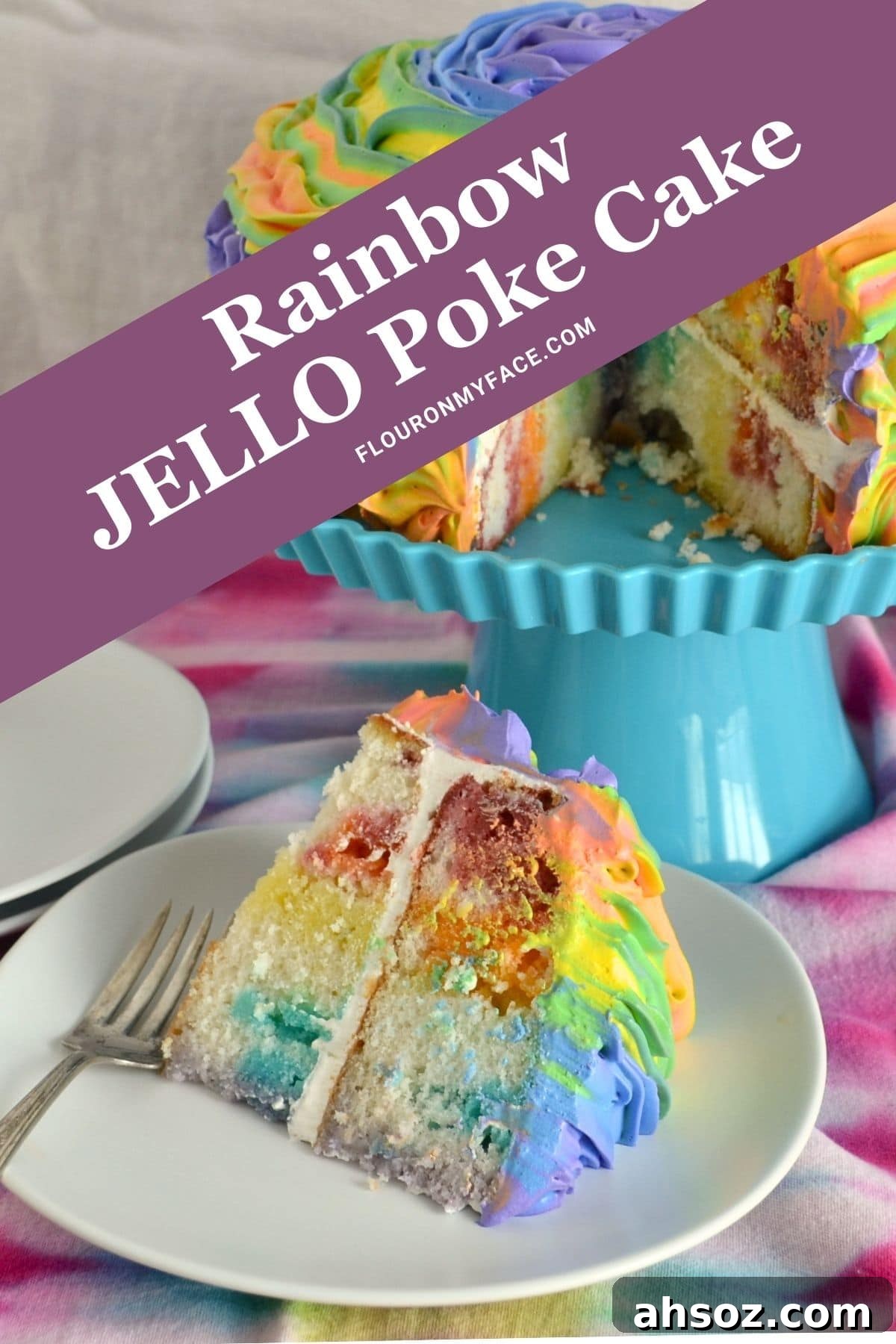 A slice of Rainbow Poke Cake on a dessert plate.