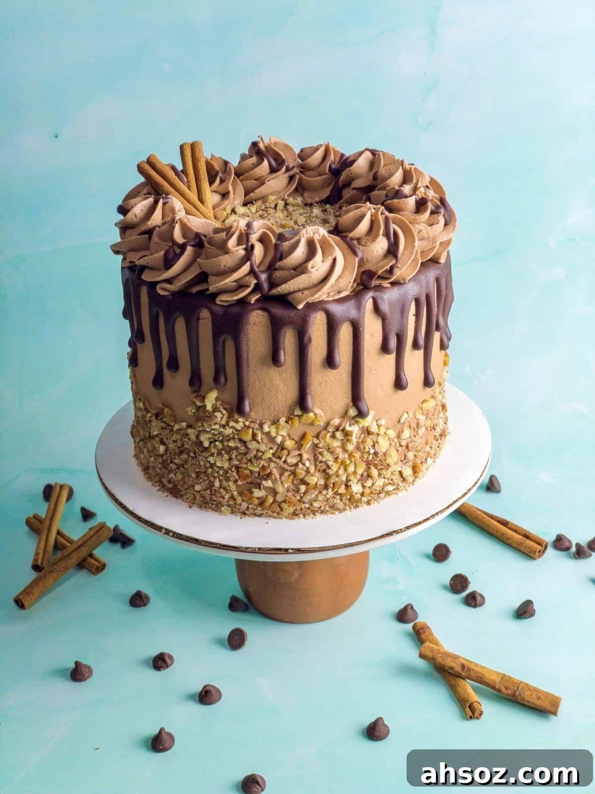 An uncut chocolate cinnamon drip cake with pecans and chocolate ganache drizzle