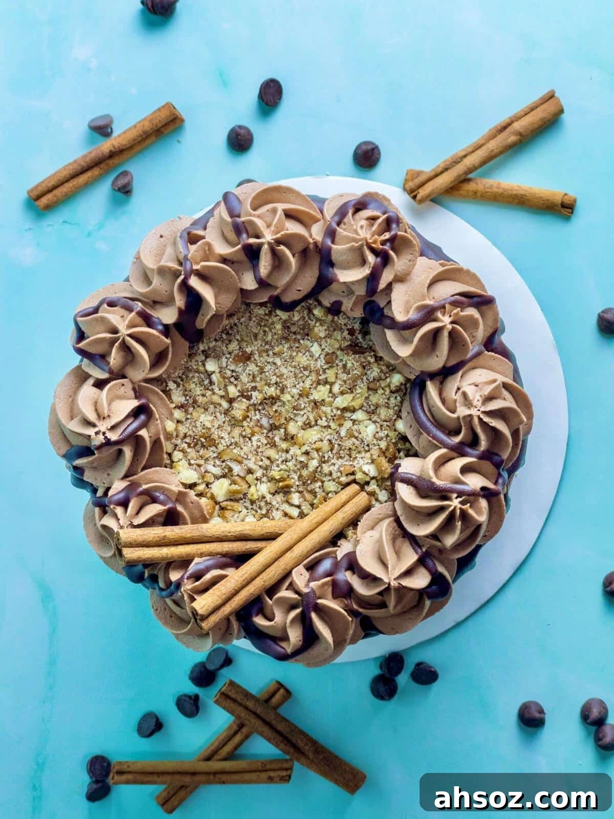 An overhead shot of chocolate cinnamon cake with pecans and cinnamon sticks
