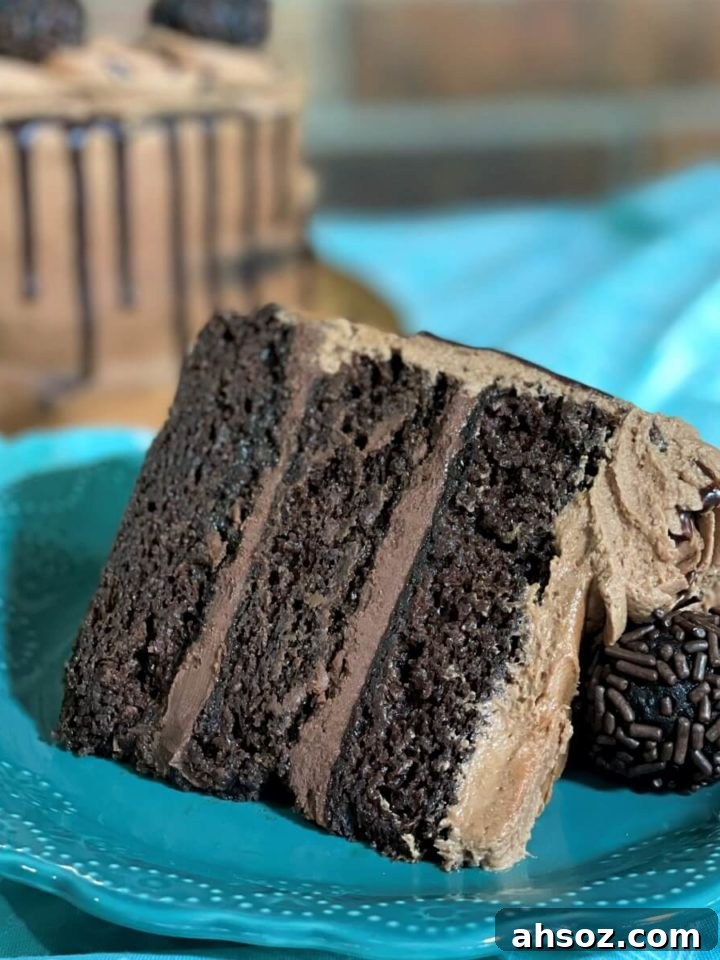 A slice of fudgy triple chocolate ganache cake