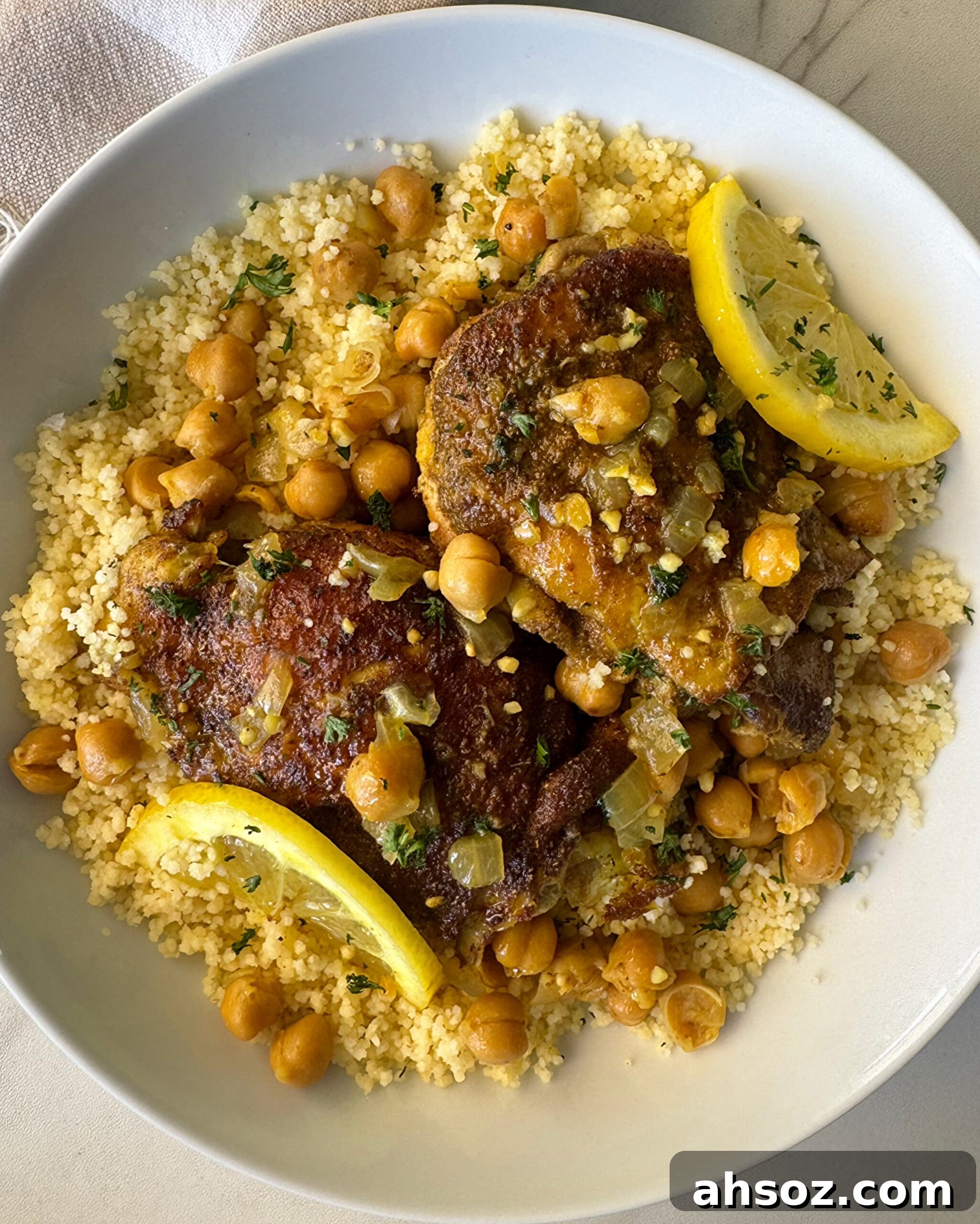 overhead shot of cooked North African chicken on a white plate garnished with fresh parsley & sliced lemon served over couscous