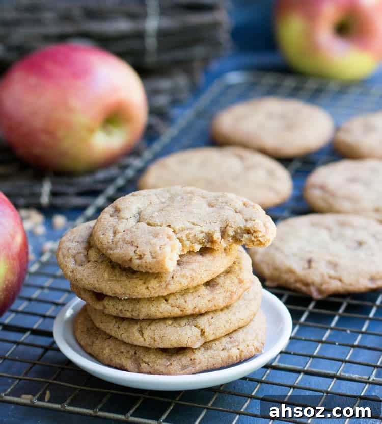 Chewy Toffee Apple Cookies with freeze dried apple flavor and toffee chips.