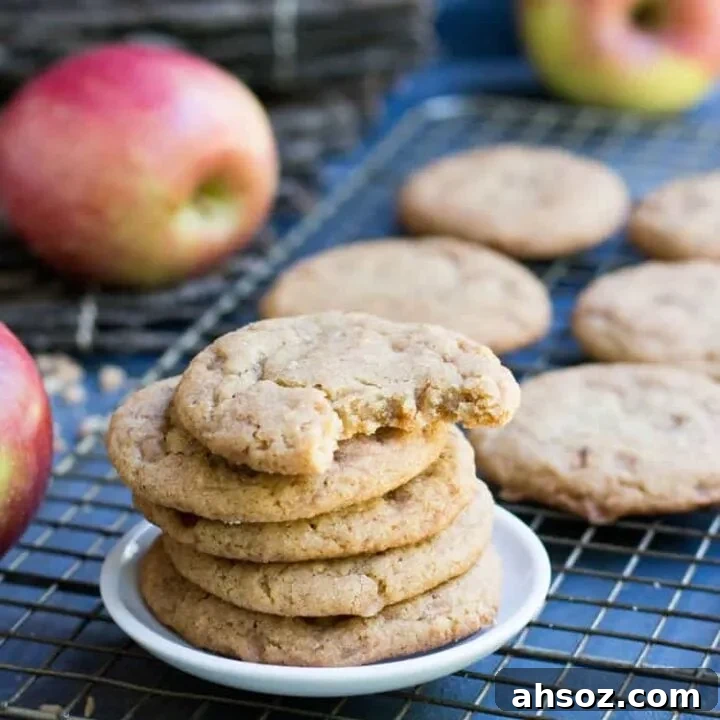 Chewy Toffee Apple Cookies with freeze dried apple flavor, cinnamon sugar, and toffee chips.