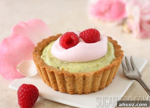 Pistachio rose tart with raspberries