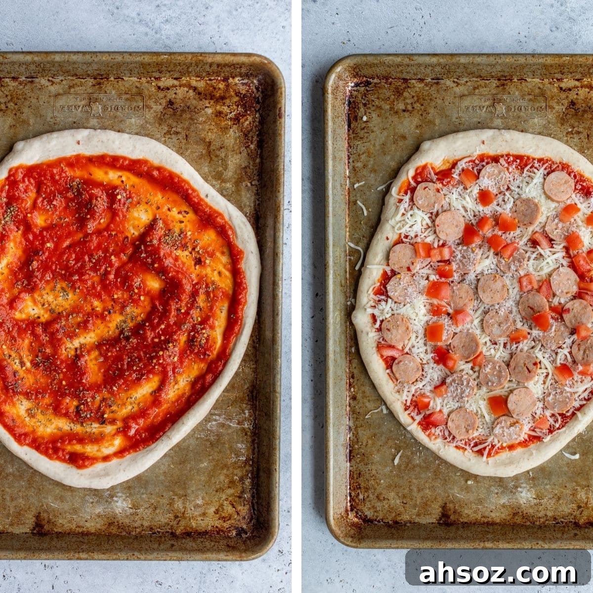 2 images: the left image shows sauce added to pizza dough and the right image shows cheese, sausage, and peppers added on top